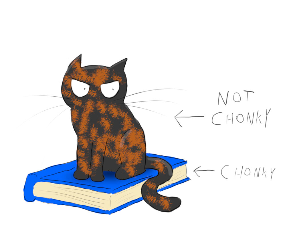 A cartoon of a tortoiseshell cat sitting on a blue book, There is a line pointing at her saying'Not Chonky', and a line pointing at the book saying'Chonky'.