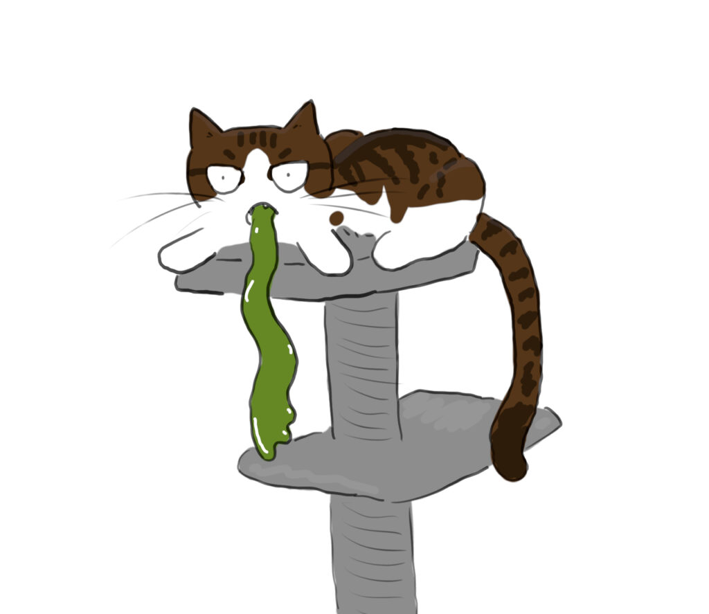 A cartoon of a tabby and white cat throwing up a long stream of puke, from the top of a cat tower.