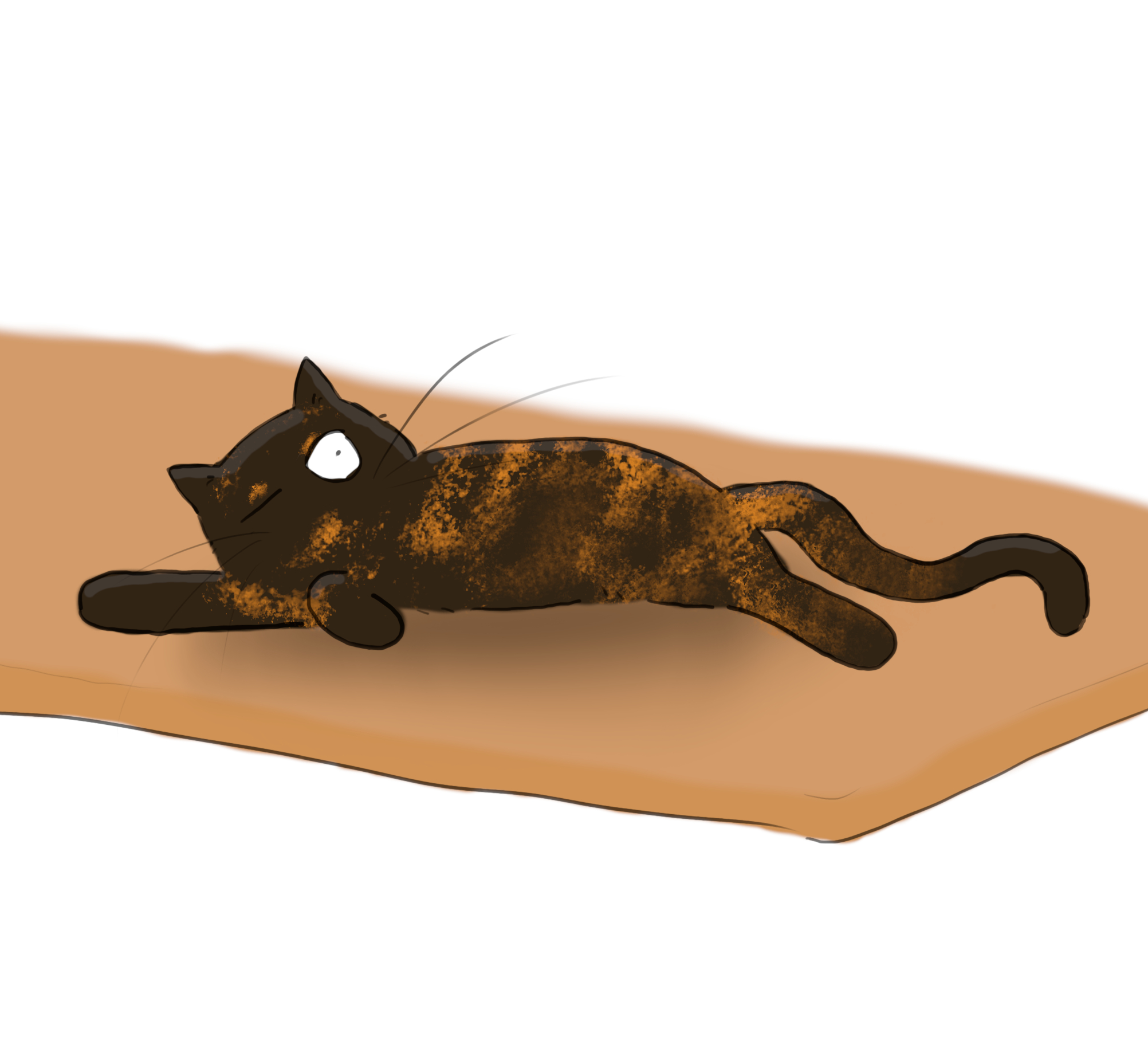 A cartoon of a tortoiseshell cat napping on a table with one eye open.
