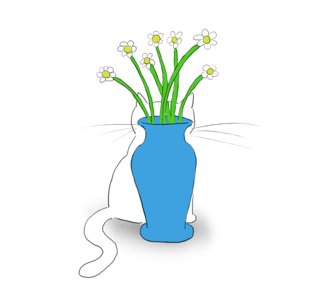 A cartoon of a white cat standing obviously behind a blue vase full of daisies.