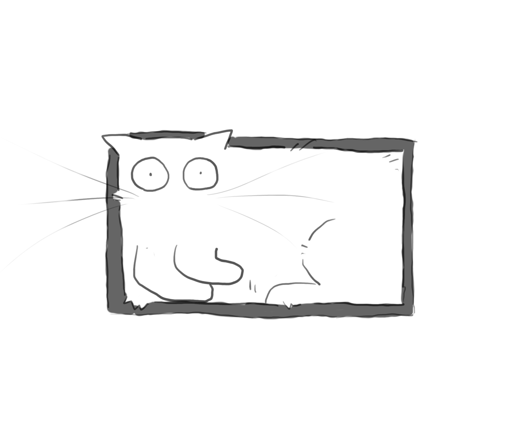 A cartoon of a white cat looking extremely square as she fits herself in a box.