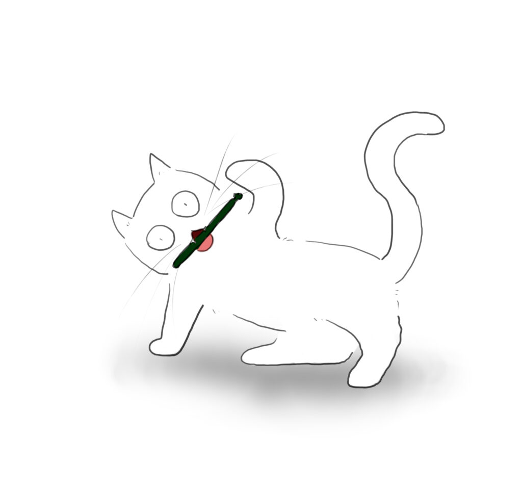 lydia_straw A cartoon of a white cat playing aggressively with a green paper straw.