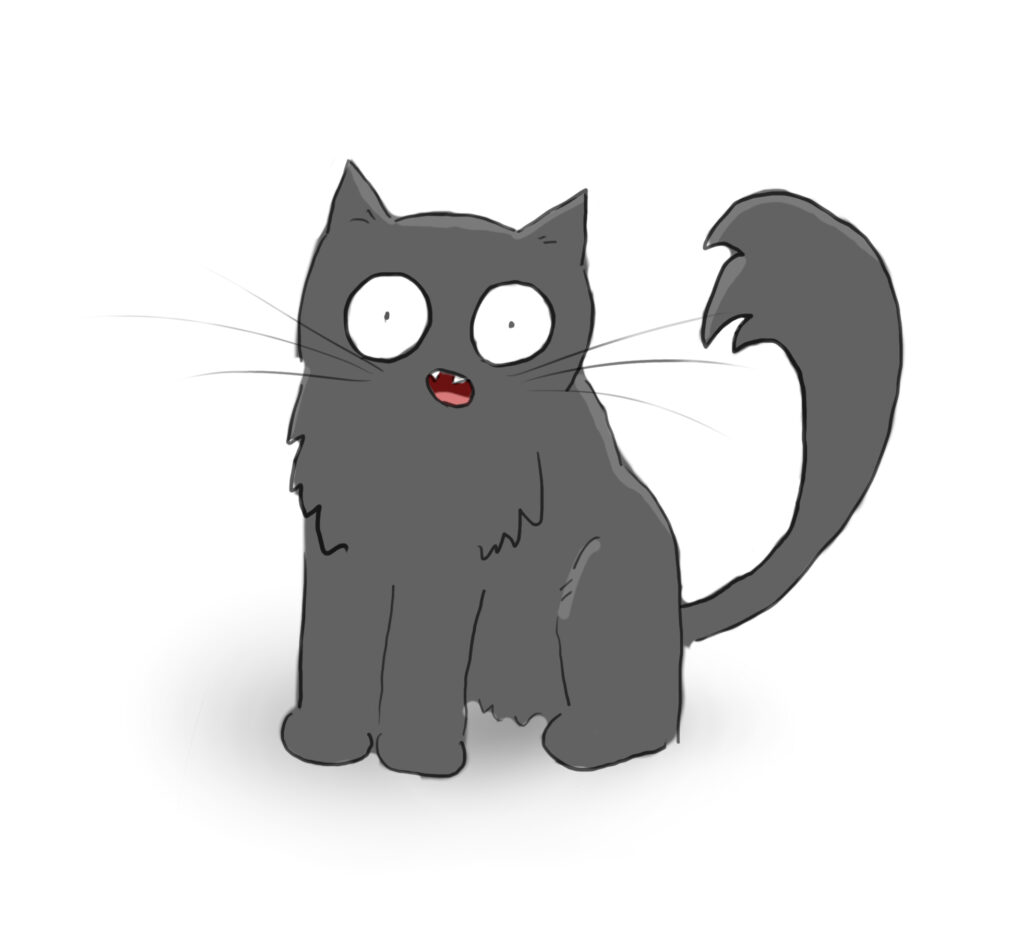 A cartoon of a fluffy grey cat meowing.