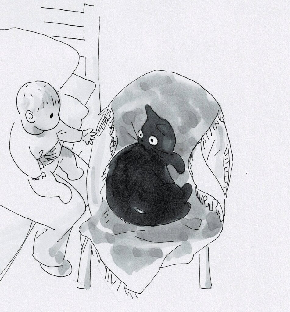 A hand-drawn cartoon of a black cat sleeping in a baby basket, while a baby looks on from someone's lap.