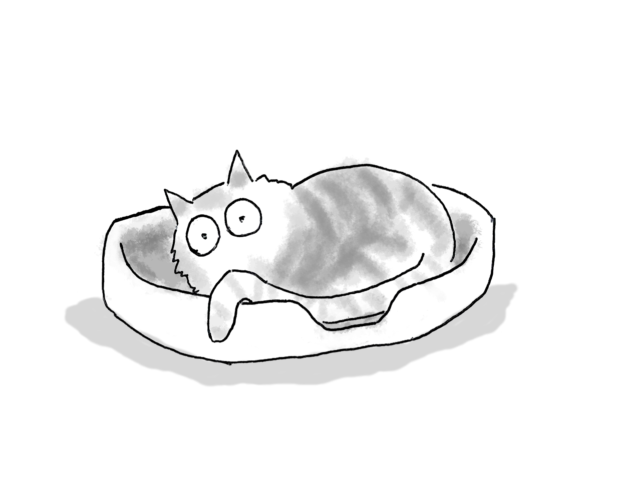 A cartoon of a stripy grey cat relaxing in a cat bed.