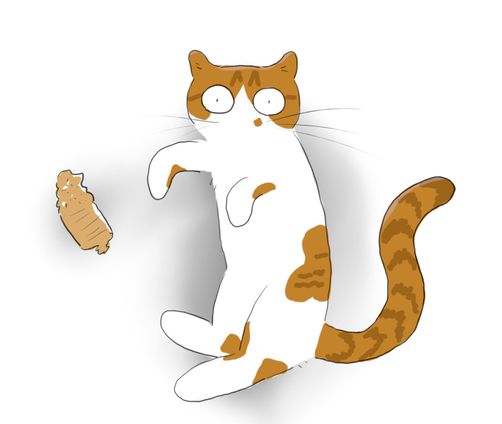 A cartoon of an orange and white cat lying on his side next to a package of crackers.