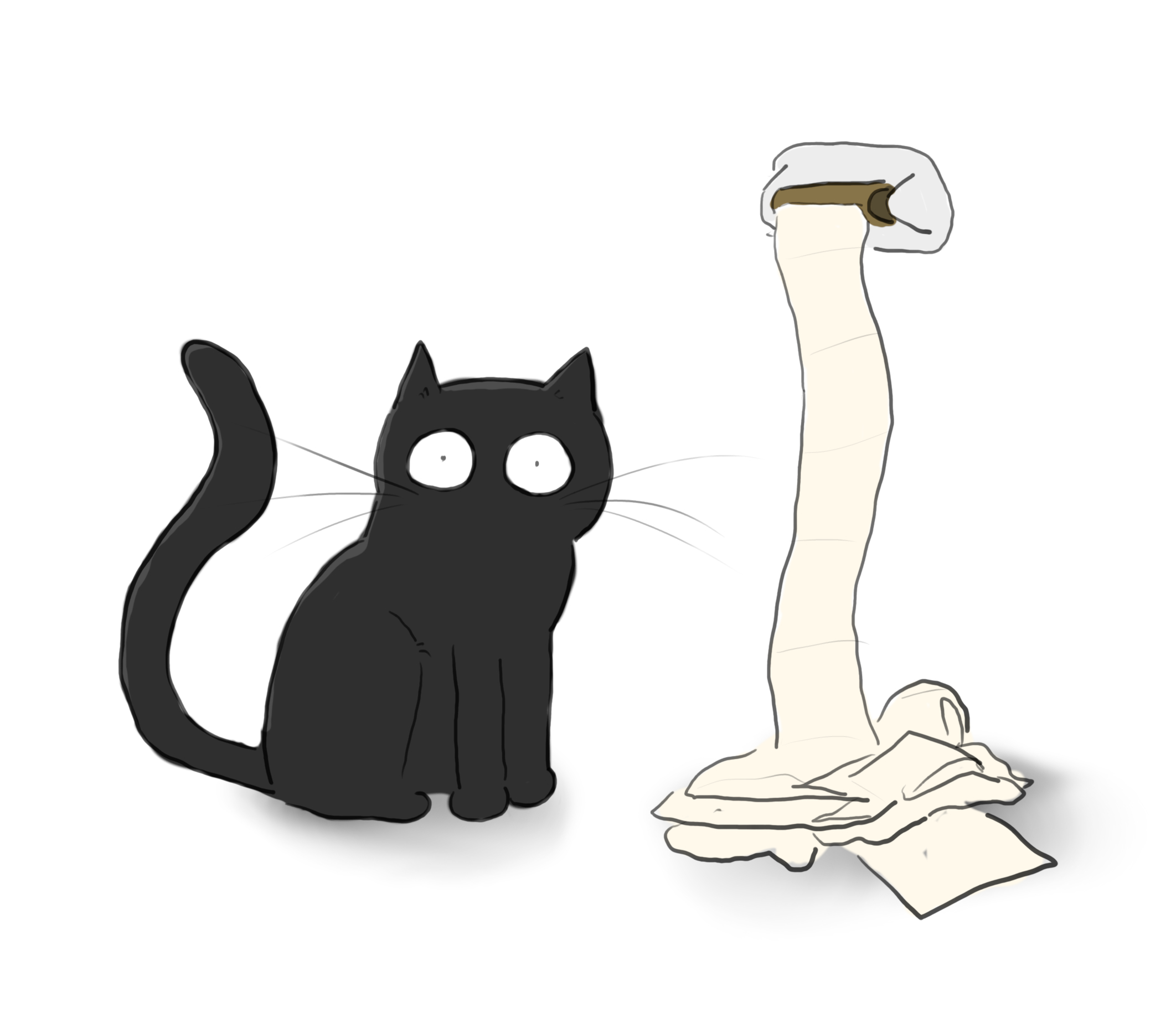 A cartoon of a black cat sitting innocently next to a roll of unspooled toilet paper.