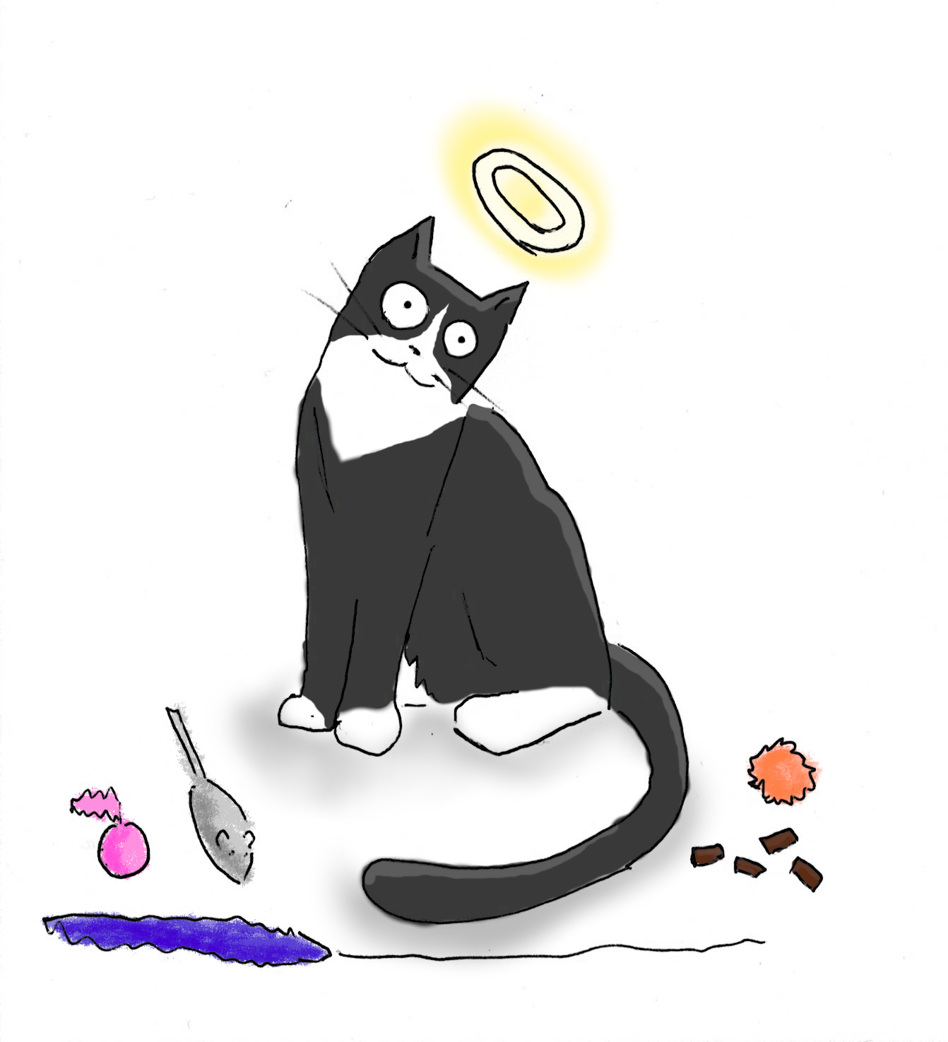A cartoon of a black and white cat smiling happily with an angel halo, and surrounded by cat toys.