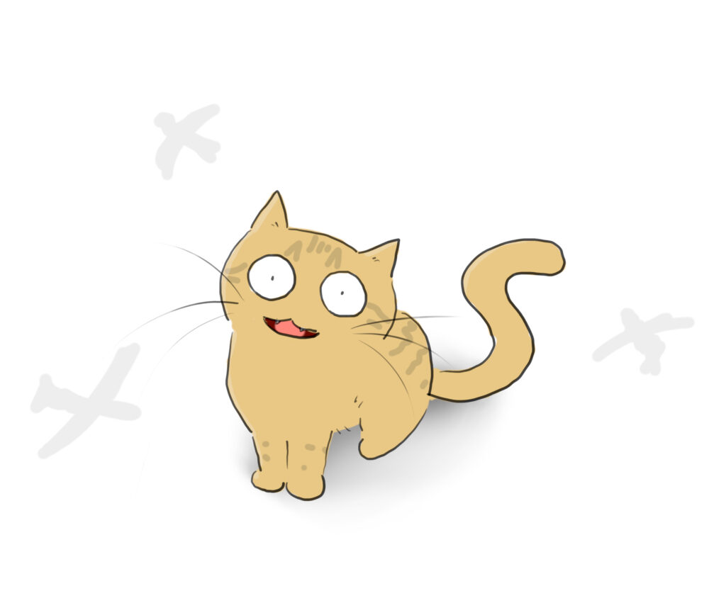 A cartoon of a sandy-coloured cat meowing at the sky, surrounded by the shadows of birds circling above.