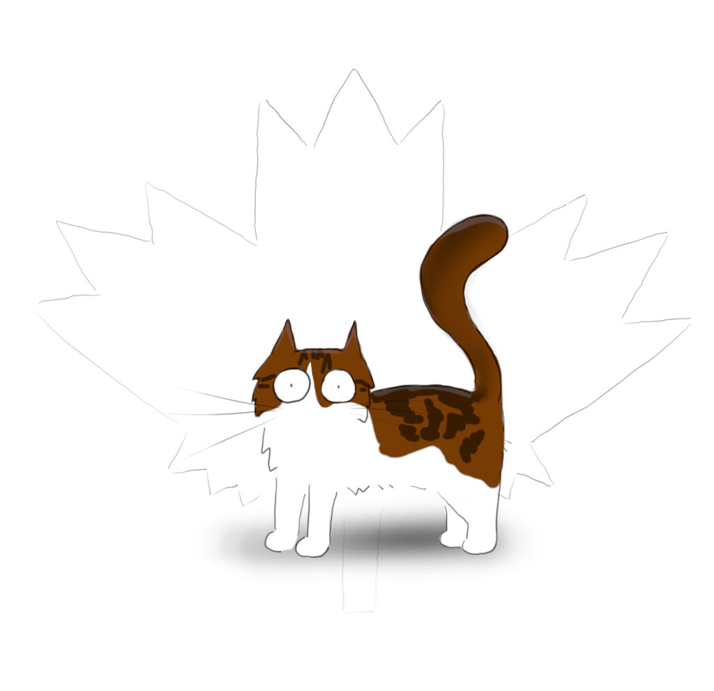 A cartoon of a tabby and white Maine Coon cat standing in front of the faint outline of a Maple Leaf - like on the Canadian flag.