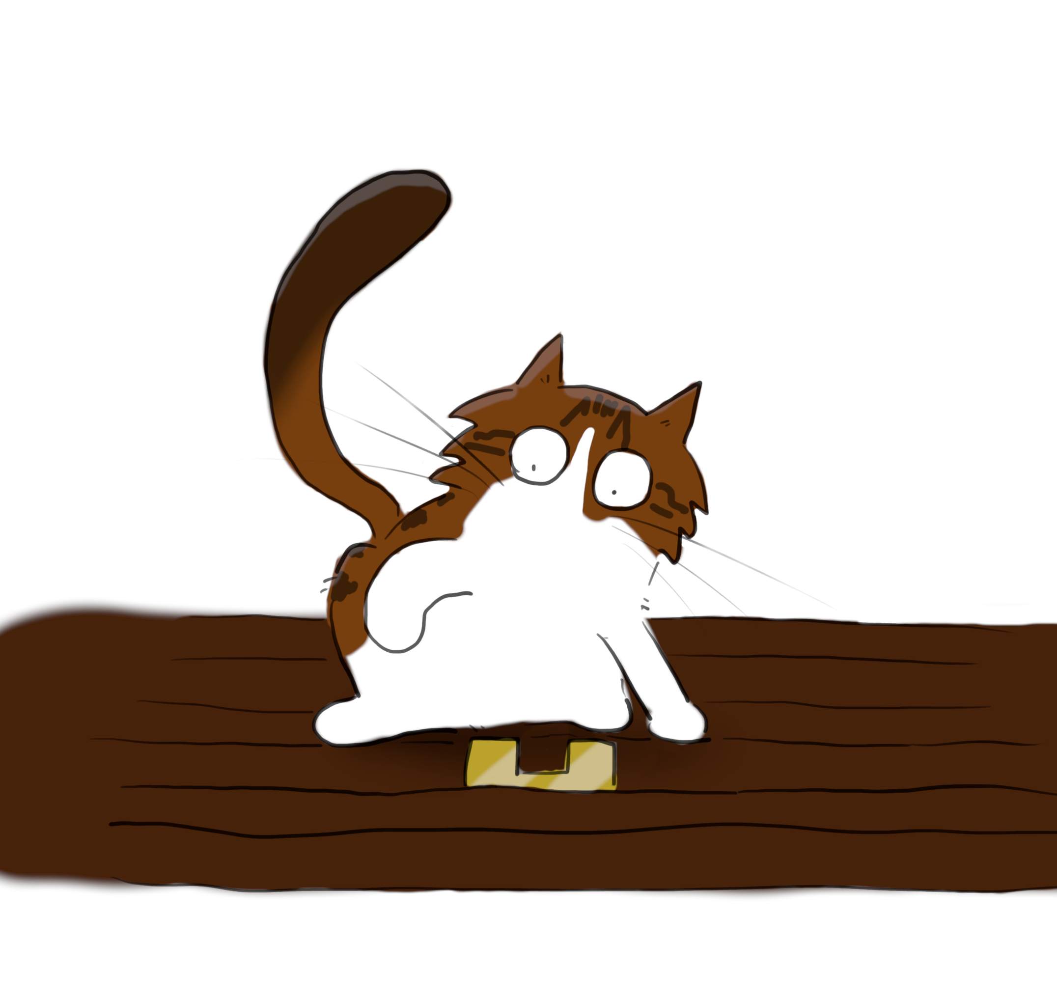 A cartoon of a tabby and white Maine Coon cat batting at a gold letter H sticking up between the slats of a table.
