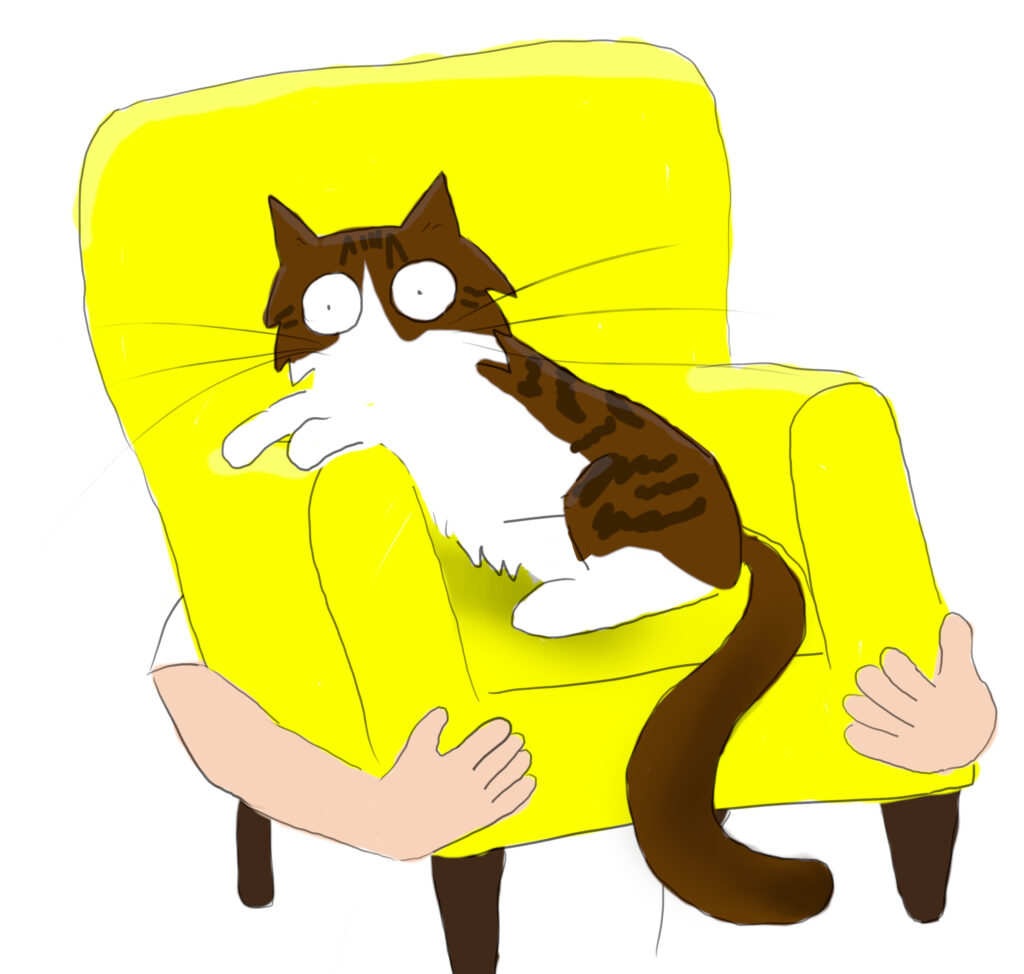 A cartoon of a tabby and white cat sitting on a yellow armchair that someone is carrying.