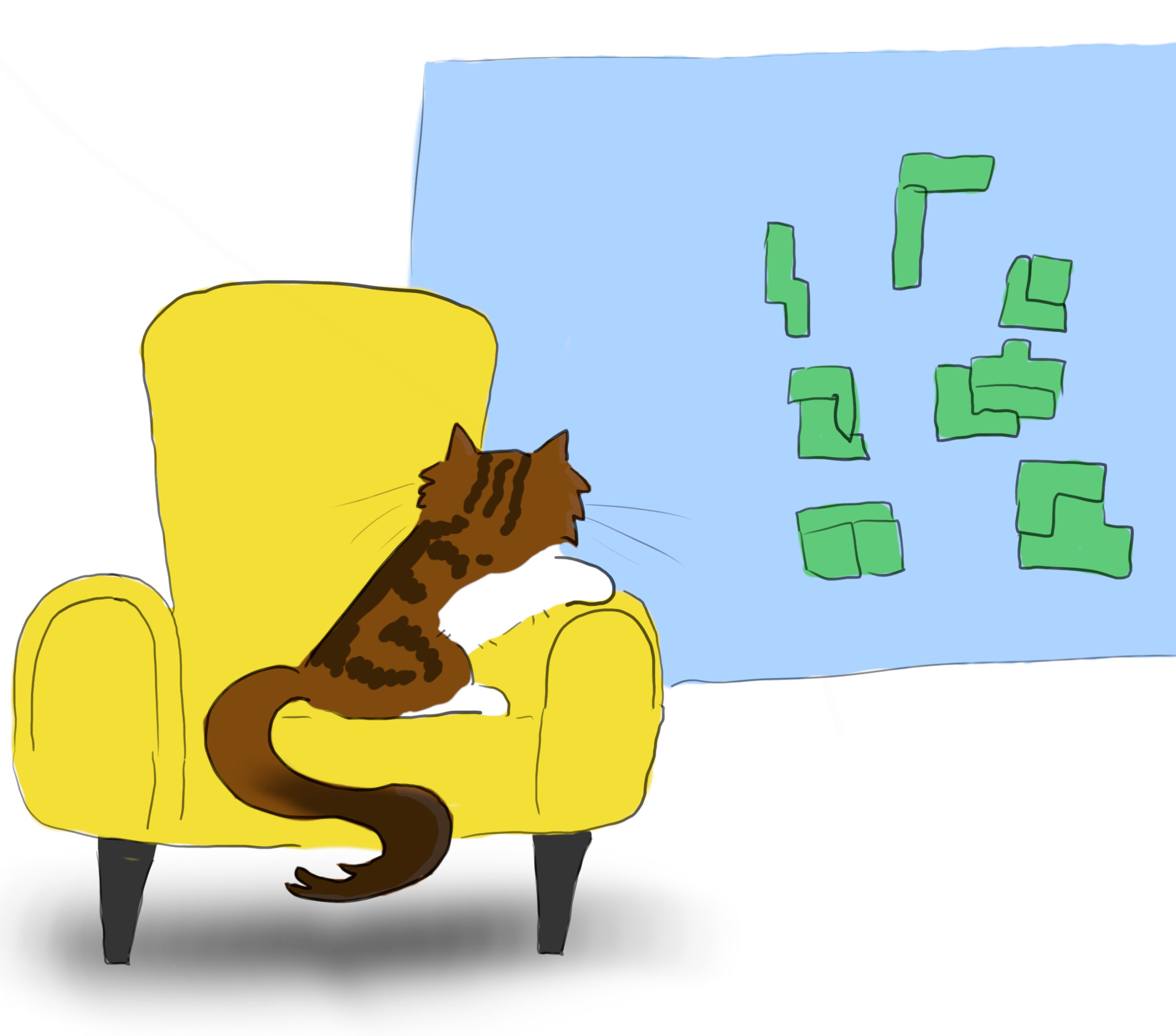 A cartoon of a tabby and white maine coon cat watching a tv show with tetris-like blocks from a bright yellow armchair.