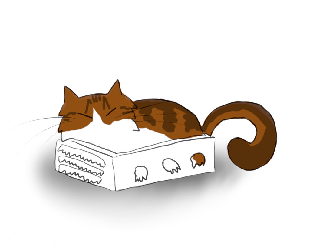 pippin_wifibox A cartoon of a tabby and white cat sleeping in a white foam wifi box, with his fur sticking out through all the holes.