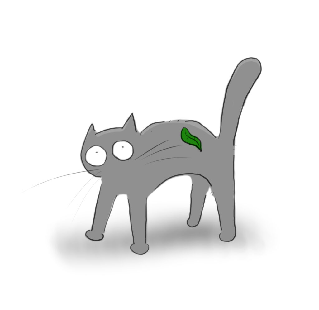 A cartoon of a grey cat very alarmed by a leaf landing on his back.