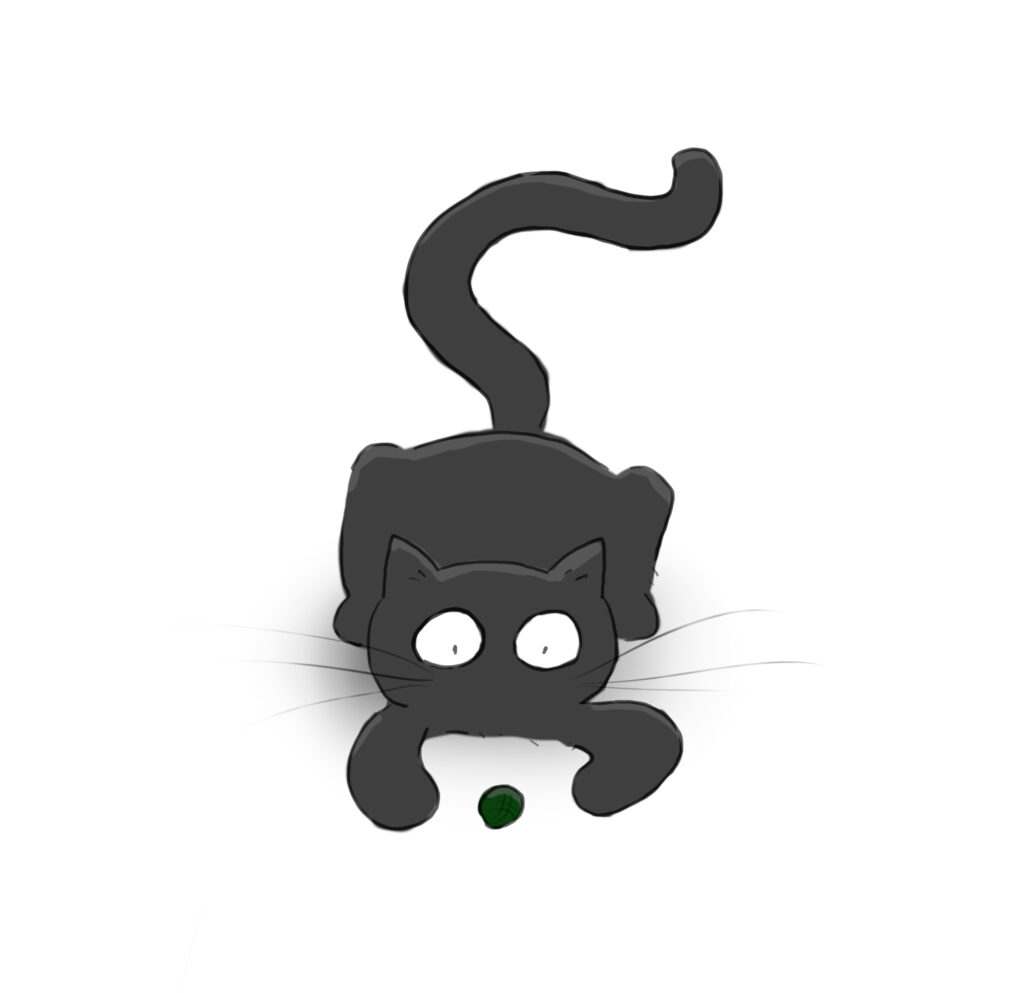 A cartoon of a black cat playing with a small ball.