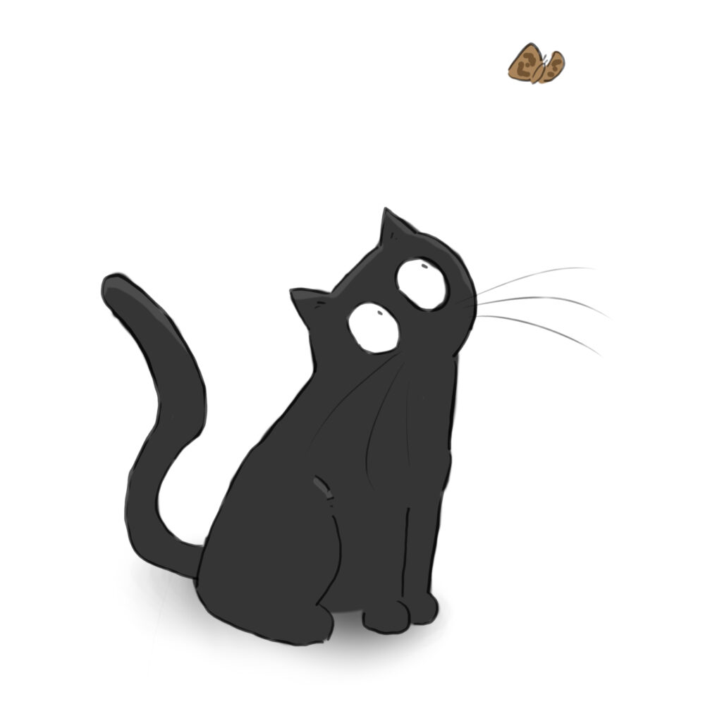 A cartoon of a black cat looking hopefully up at a moth.