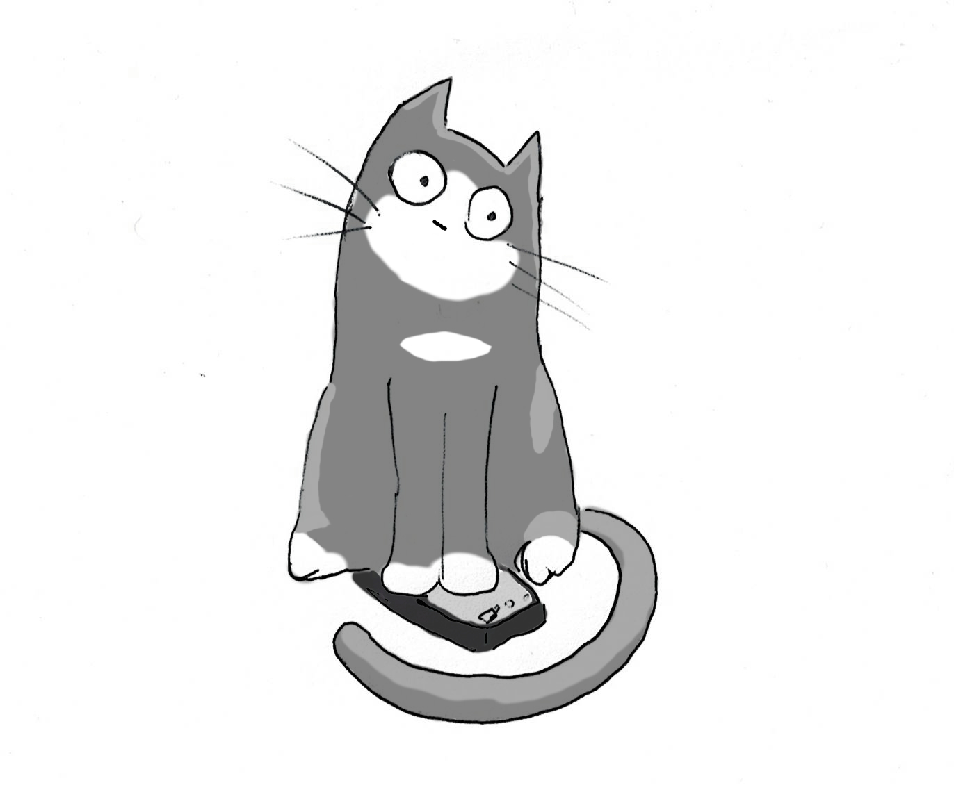 A cartoon of a grey and white cat sitting on a mobile phone.