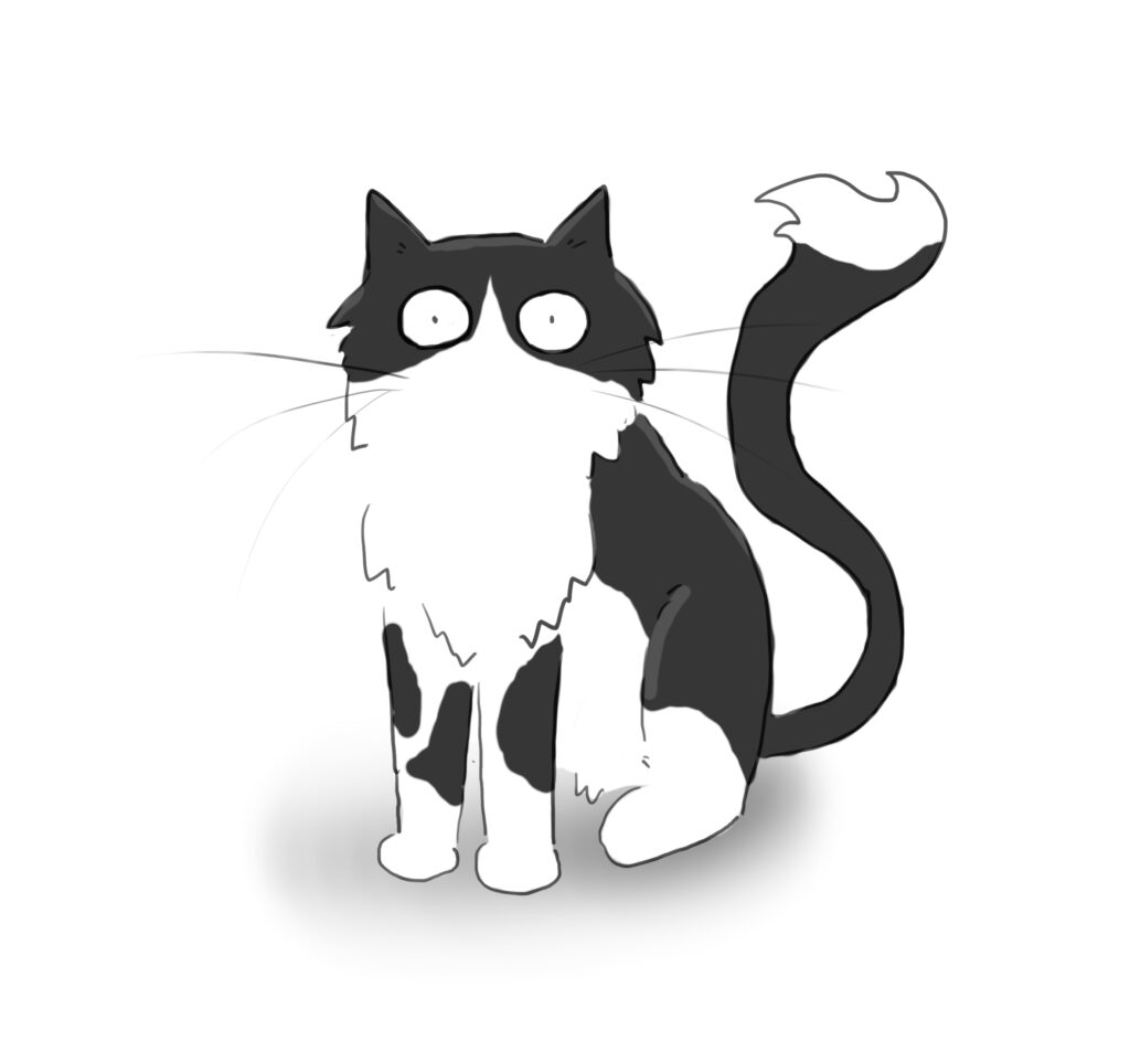 A cartoon of a black and white cat looking extremely handsome.