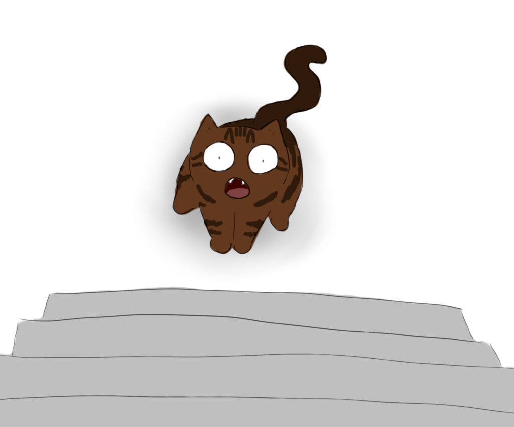 A cartoon of a tabby cat meowing up a set of stairs.