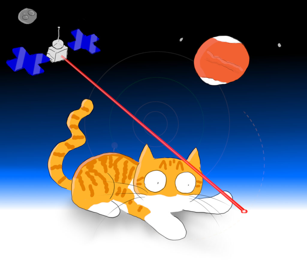 A cartoon of an orange and white cat playing with a lazer dot, beamed from a spacecraft far out in the orbit of Mars, approaching an asteroid.