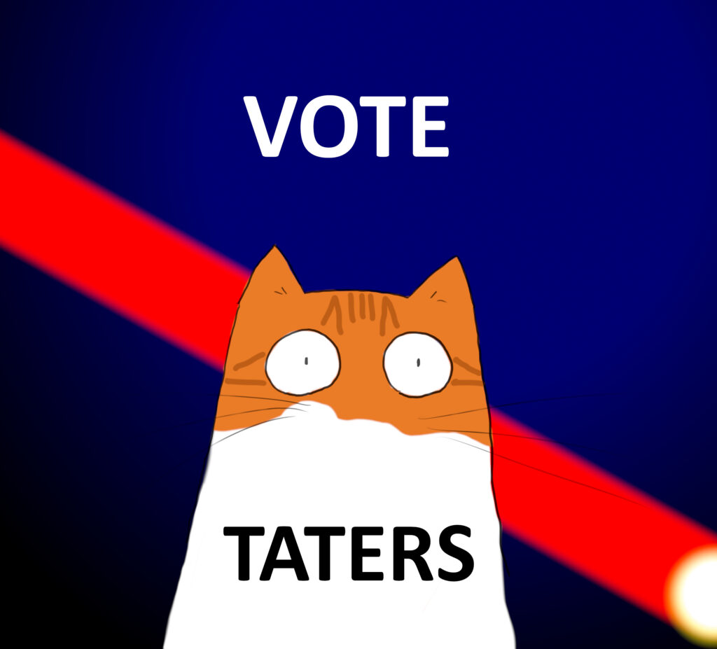 A cartoon of an orange and white cat with a laser shooting behind their head. There is the text'Vote Taters.'