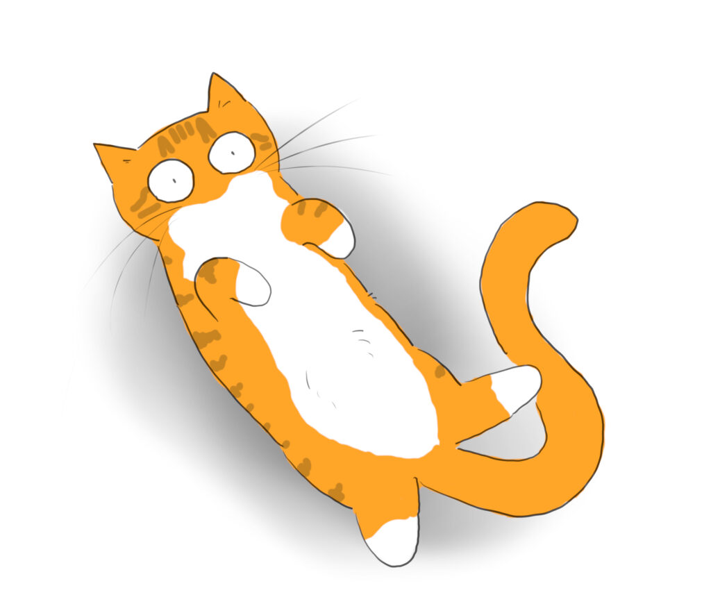 A cartoon of an orange cat with a white belly, lying on his back.