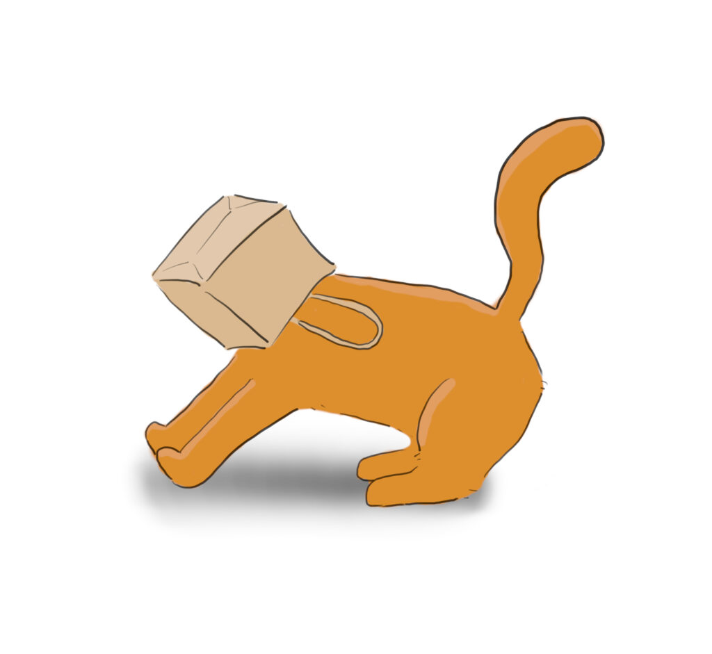 A cartoon of an orange cat with a tiny paper bag on its head.