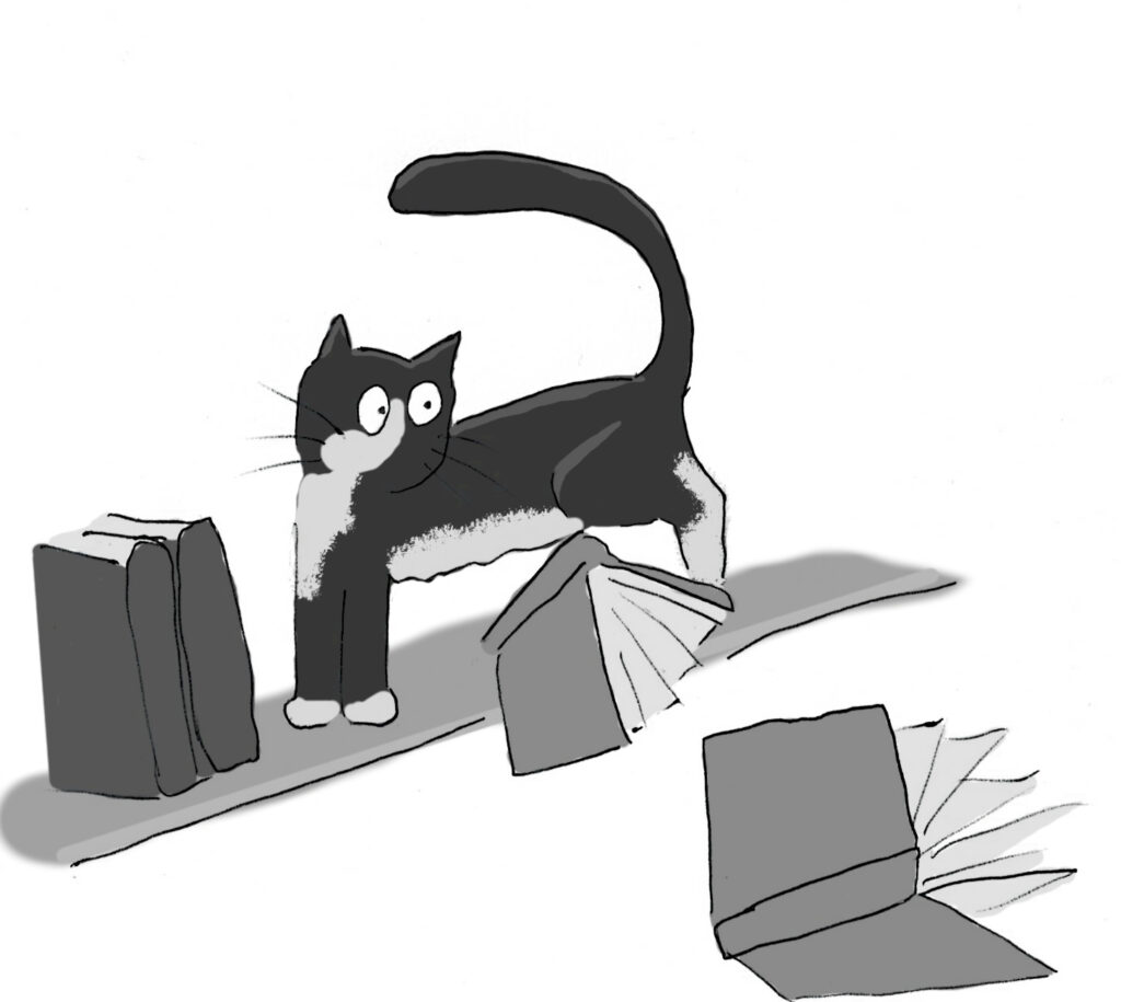 A cartoon of a black and white cat knocking books off a shelf.