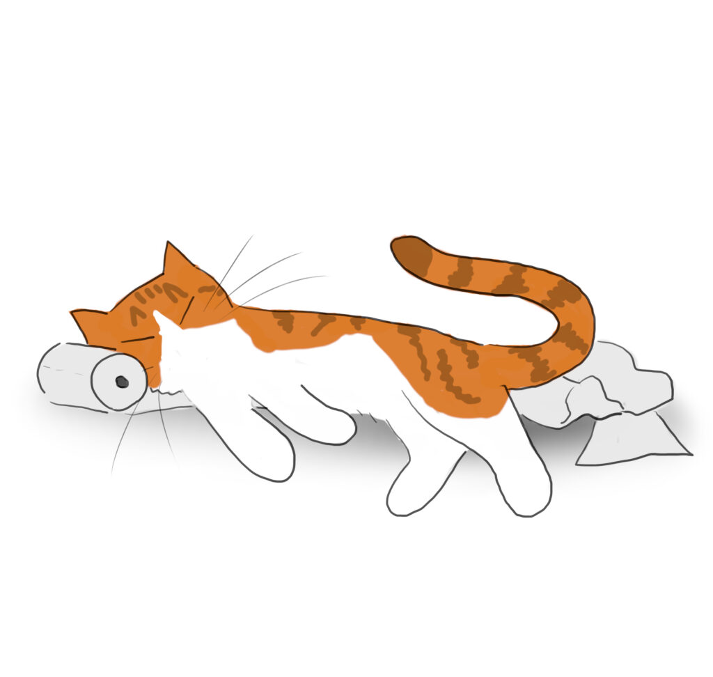 A cartoon of an orange and white cat asleep on an spooled toilet roll.
