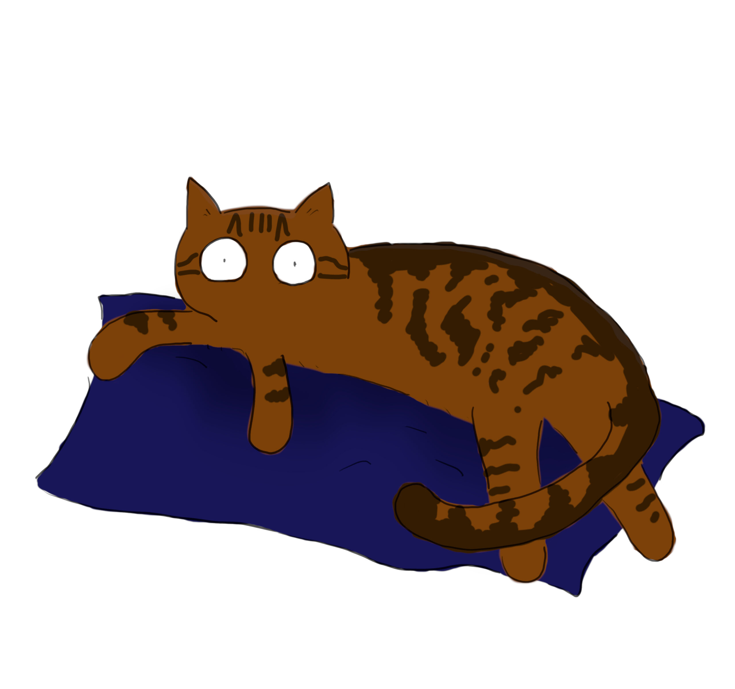 A cartoon of a tabby cat sitting on a blue pillow.