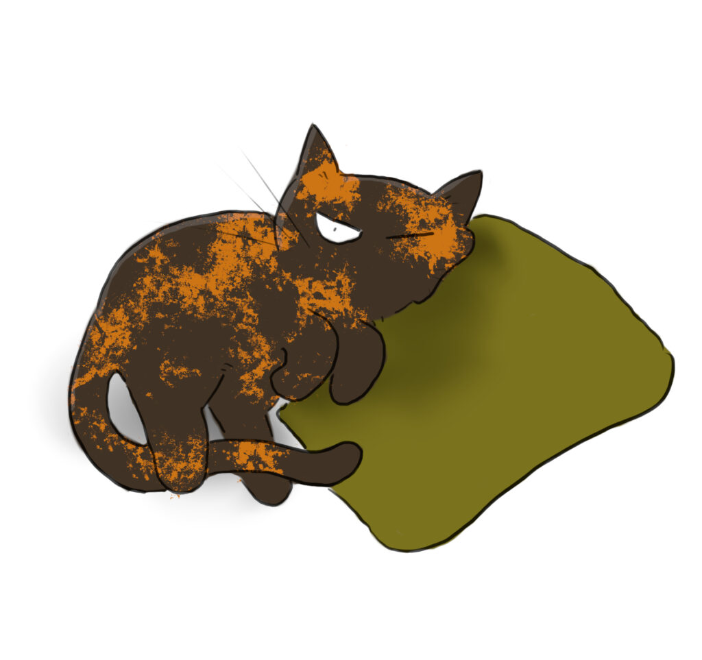 A cartoon of a tortoiseshell cat grumpily cosying up to a gold cushion.