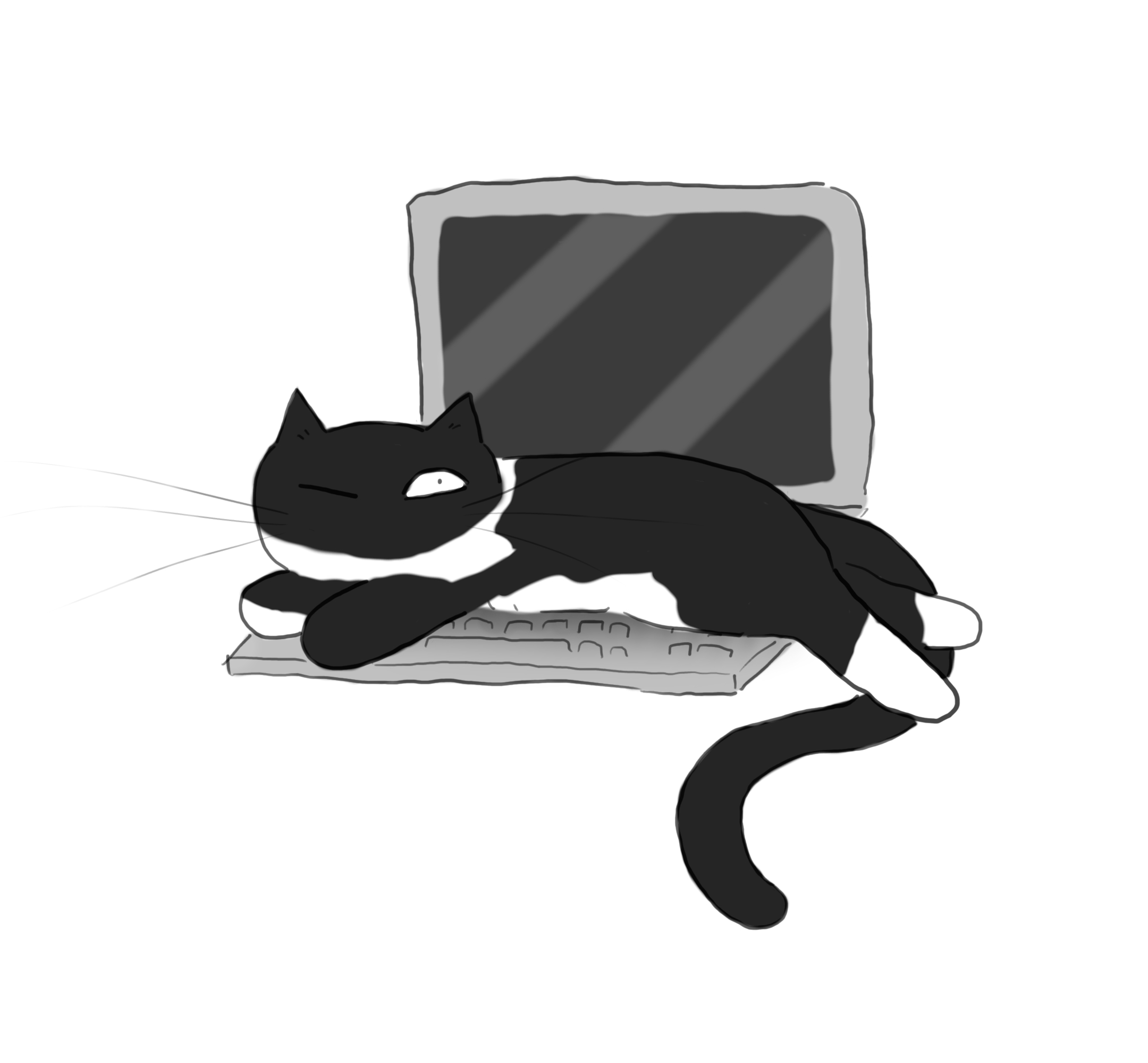 A cartoon of a black and white cat sleeping on a laptop, with one eye slightly cracked open.