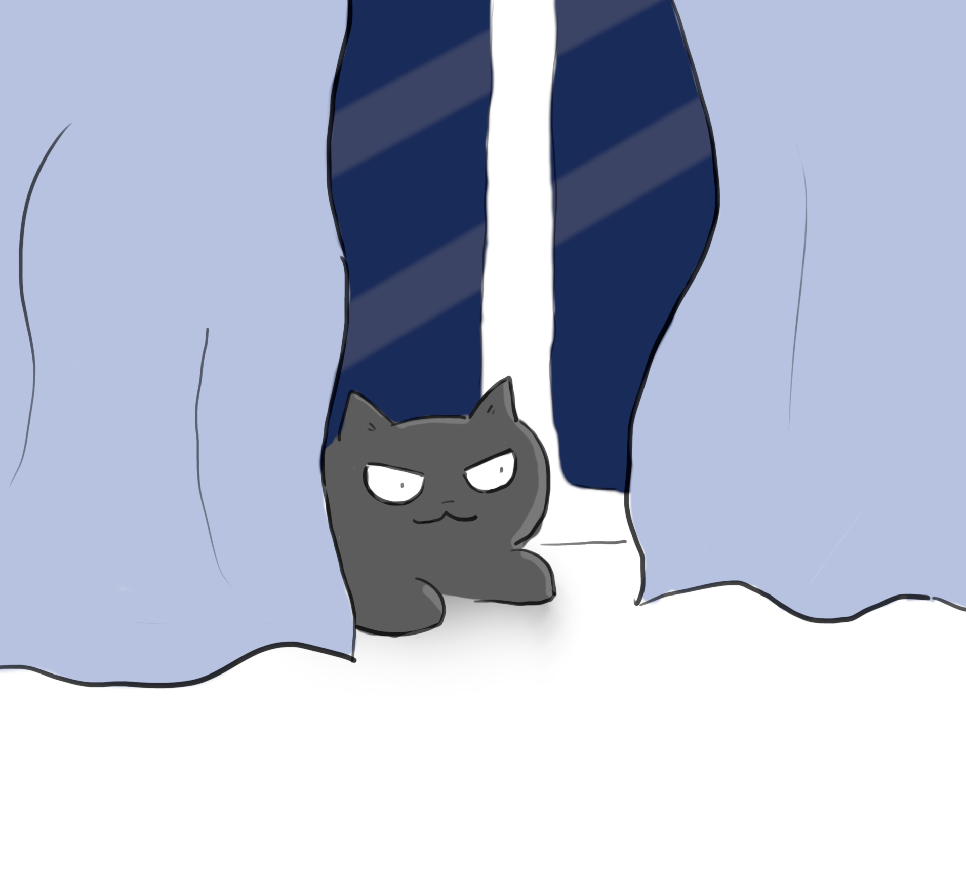 A cartoon of a grey cat sneakily sitting behind a light blue curtain in front of a big glass door.
