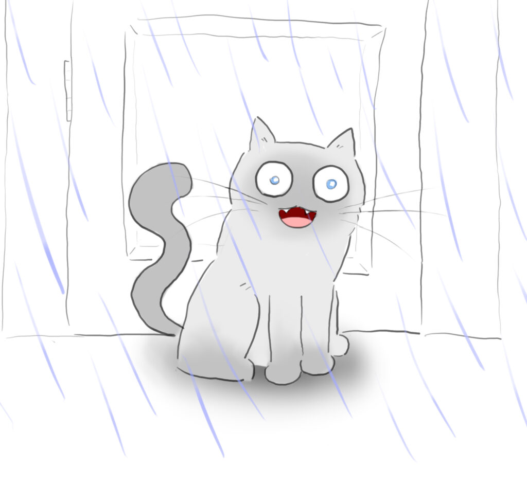 A cartoon of a ragdoll cat shouting into the rain.