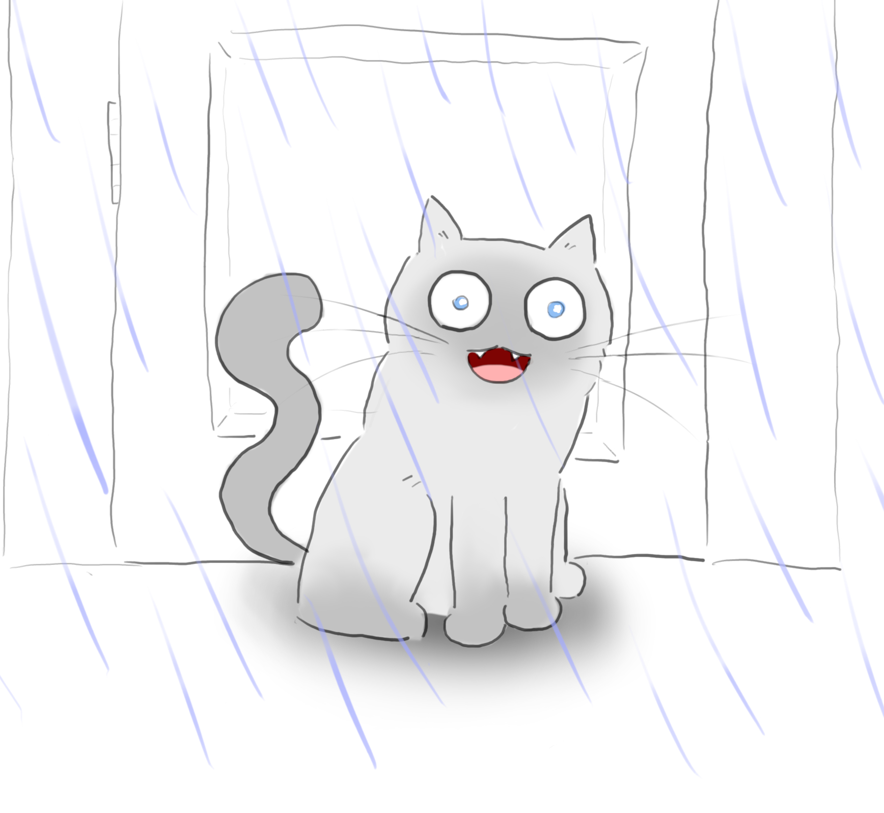 A cartoon of a ragdoll cat shouting into the rain.