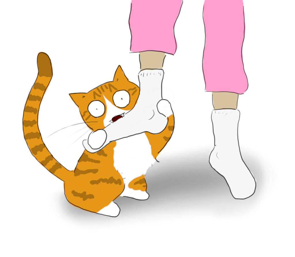 A cartoon of an orange and white cat biting into a person's foot.