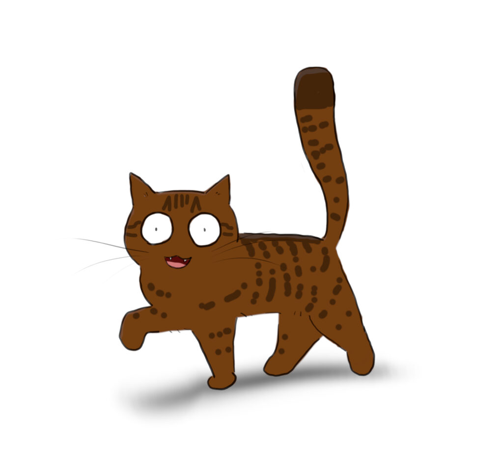 A cartoon of a happy tabby cat walking forwards with its tail up.