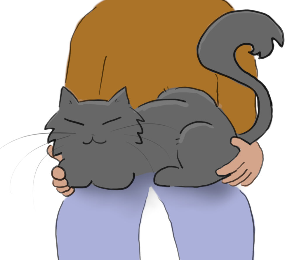 marley_cuddles A cartoon of a fluffy grey cat happily sitting on a person's lap.