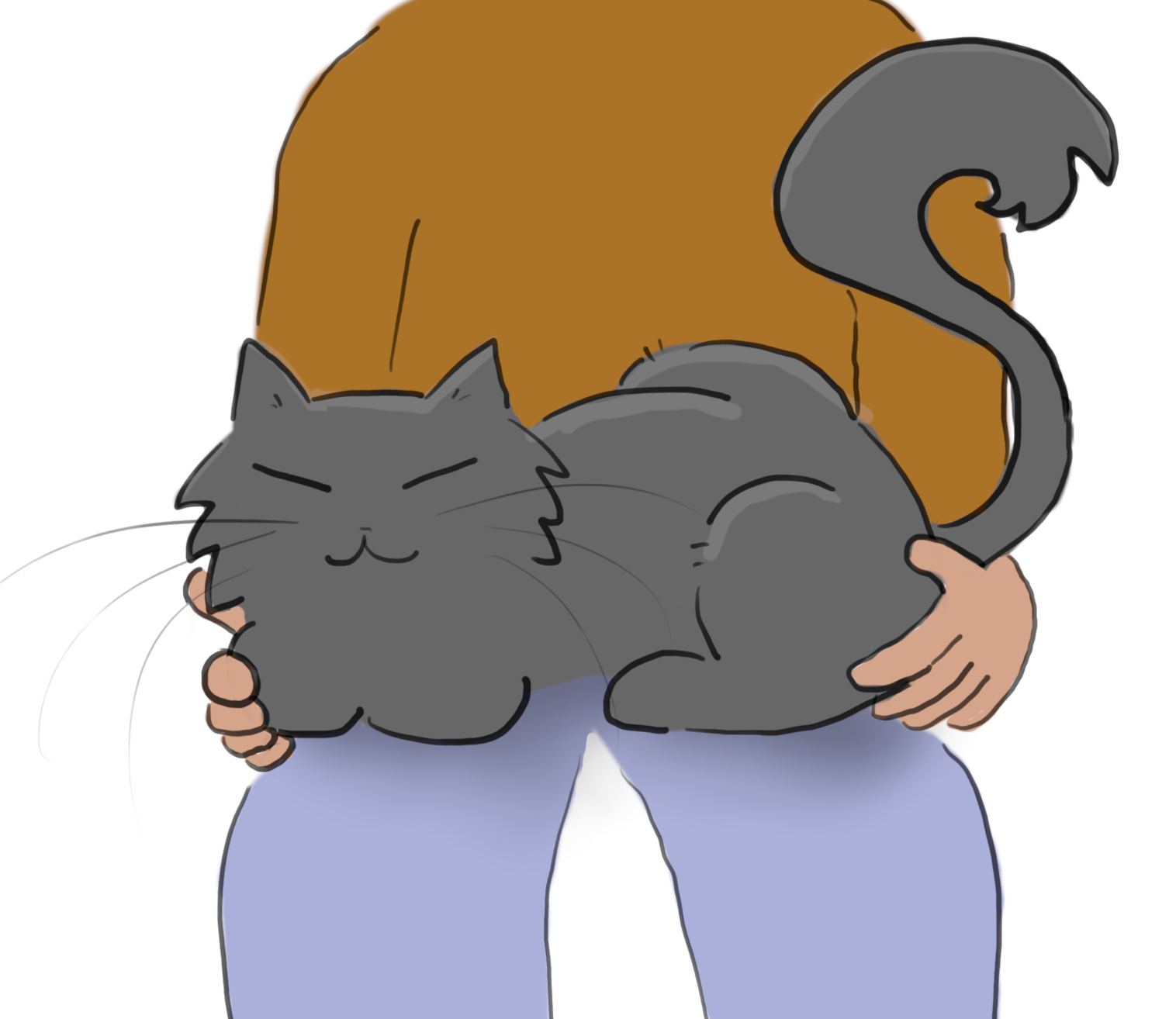 A cartoon of a fluffy grey cat happily sitting on a person's lap.