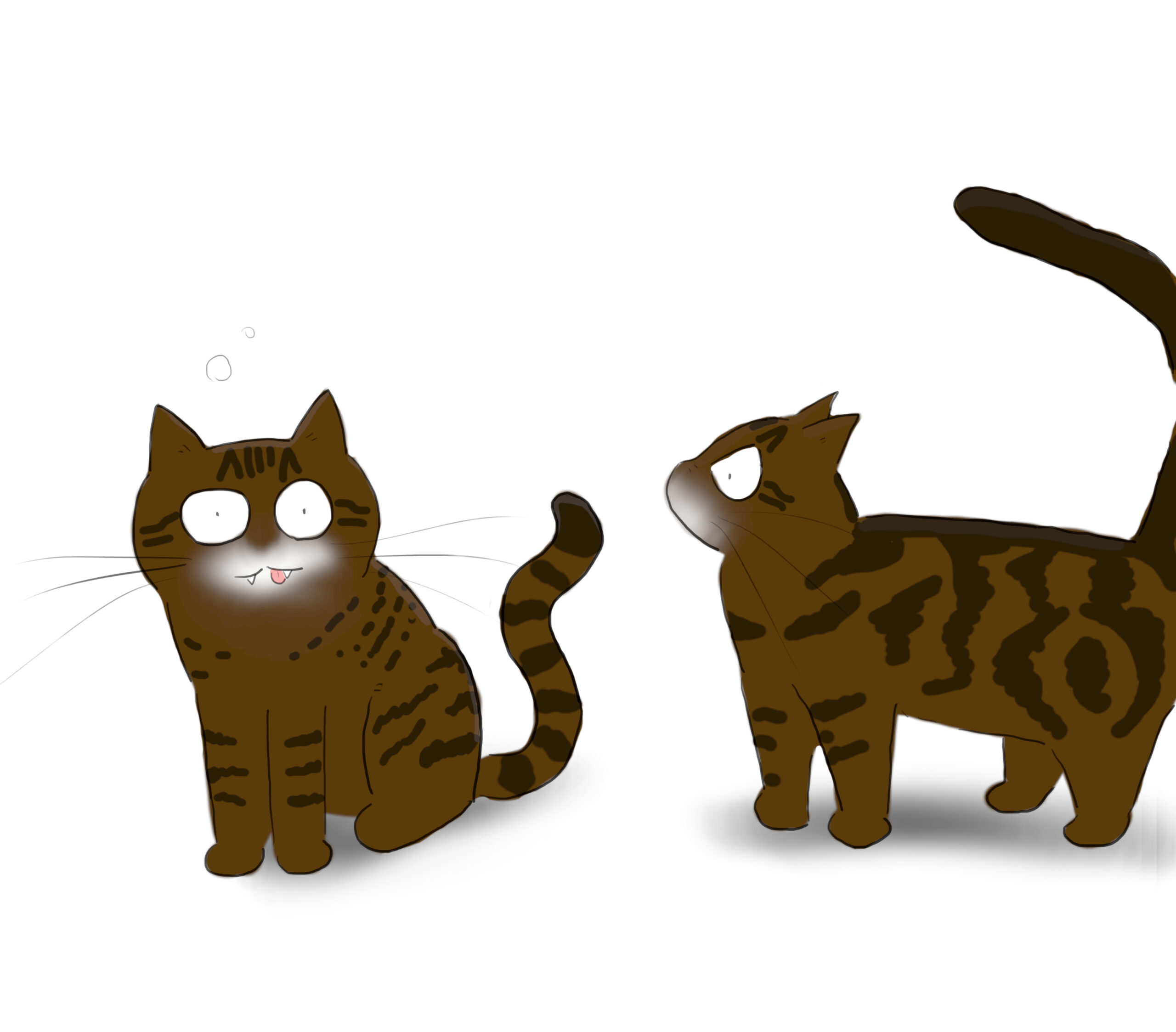 A cartoon of one muddle-headed tabby cat getting sniffed by another tabby cat.