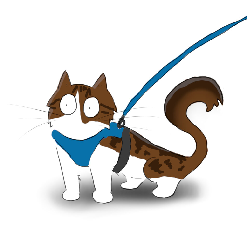 A cartoon of a tabby and white cat leaning forwards while wearing a blue harness on a lead.