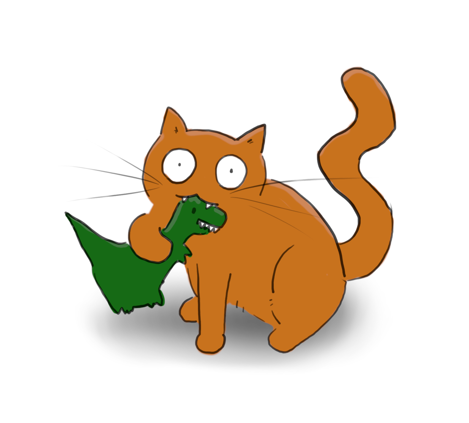 A cartoon of an orange cat chewing on a green t-Rex.
