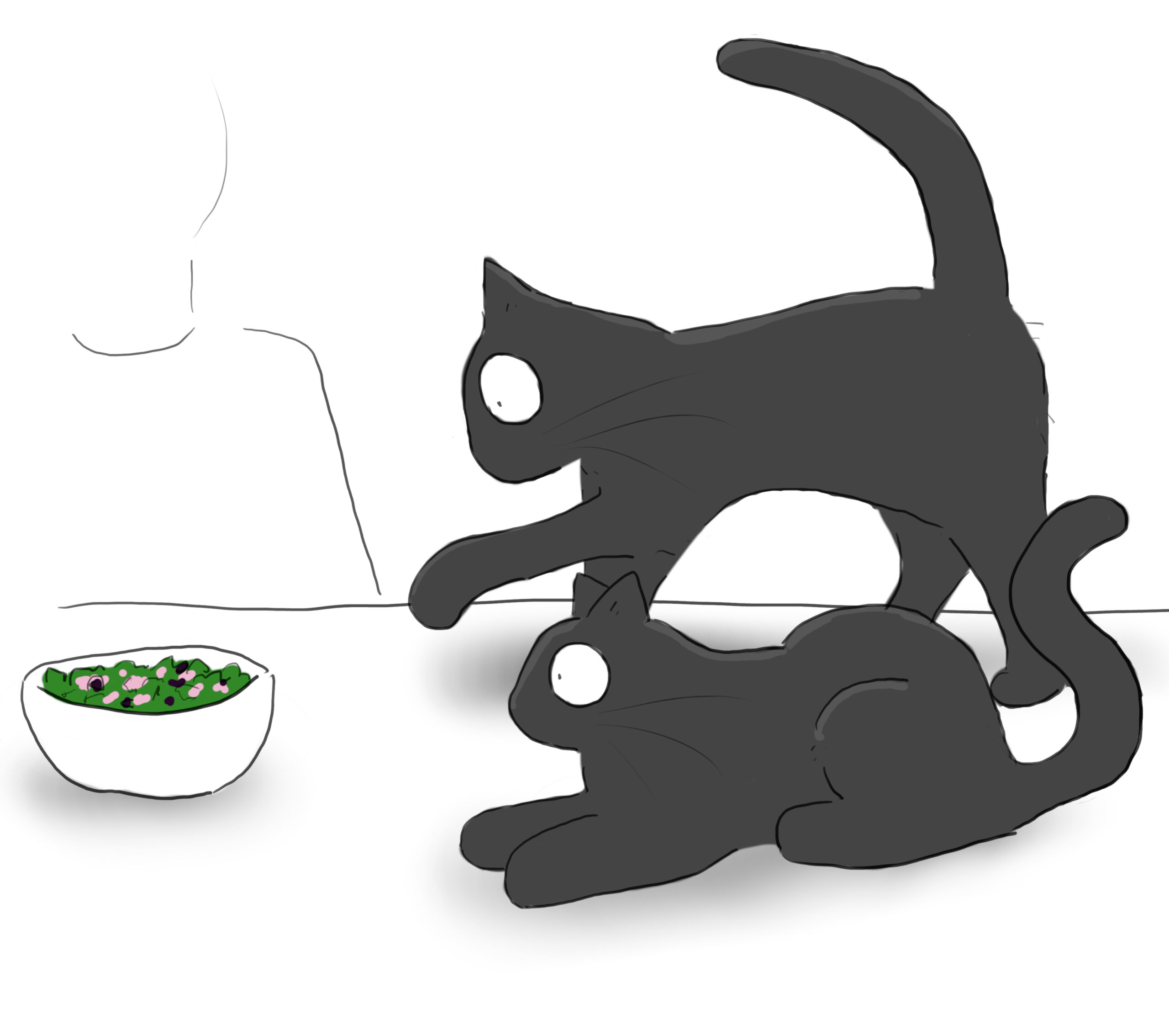 A cartoon of two black cats investigating a bowl of tuna salad.