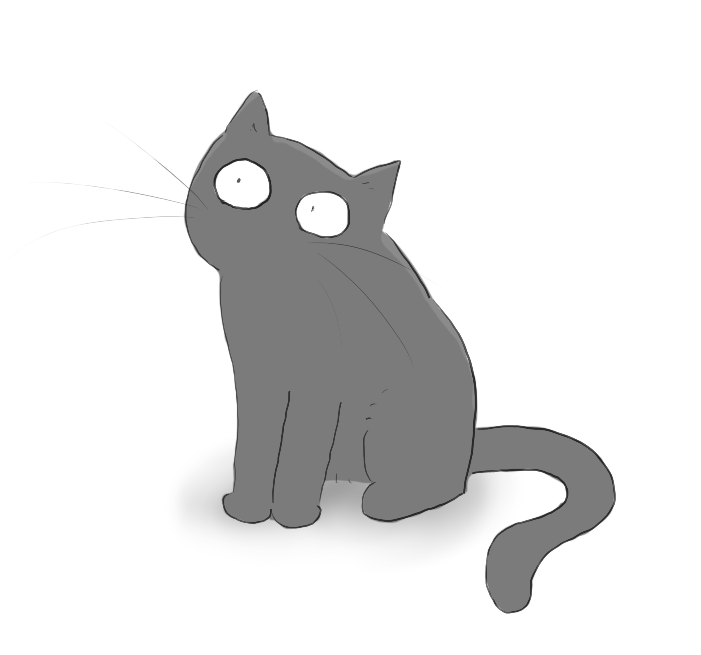 A cartoon of a grey cat staring up into the sky.