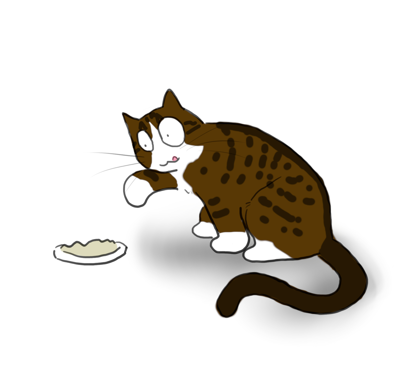 A cartoon of a tabby and white cat leaning over to touch an ice cream lid covered in ice cream. She is licking her lips.