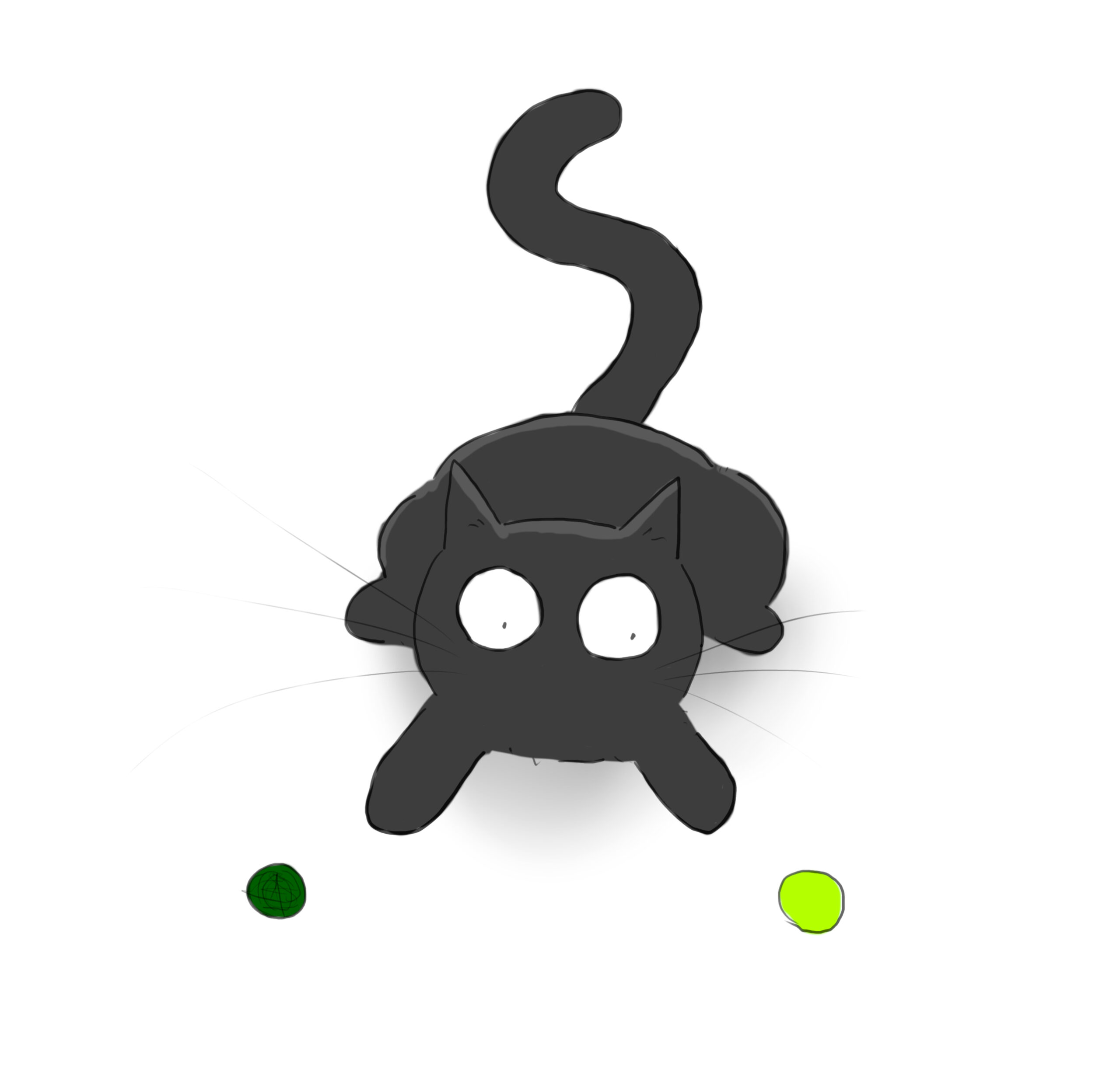 A cartoon of a black cat with two balls in front of him. One is green, but he is eyeing up the yellow ball.