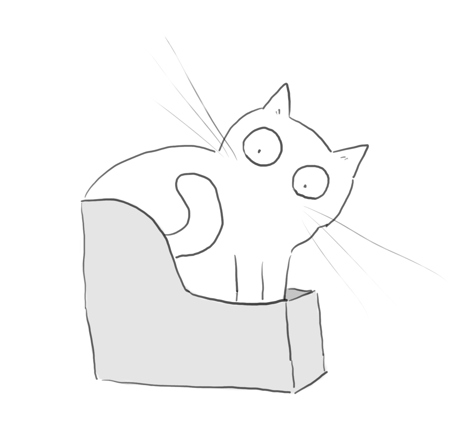 A cartoon of a white cat stuffed into a desk organiser.