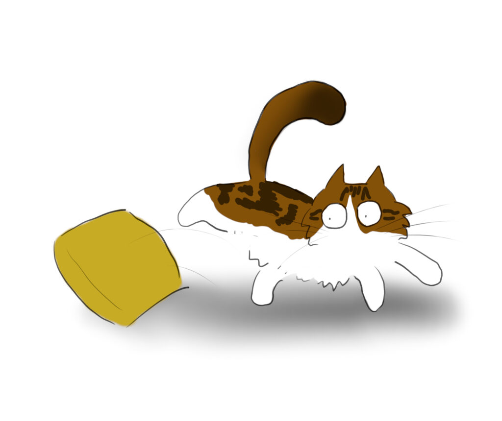 A cartoon of a tabby and white cat leaping away from a yellow cushion that is rolling over.