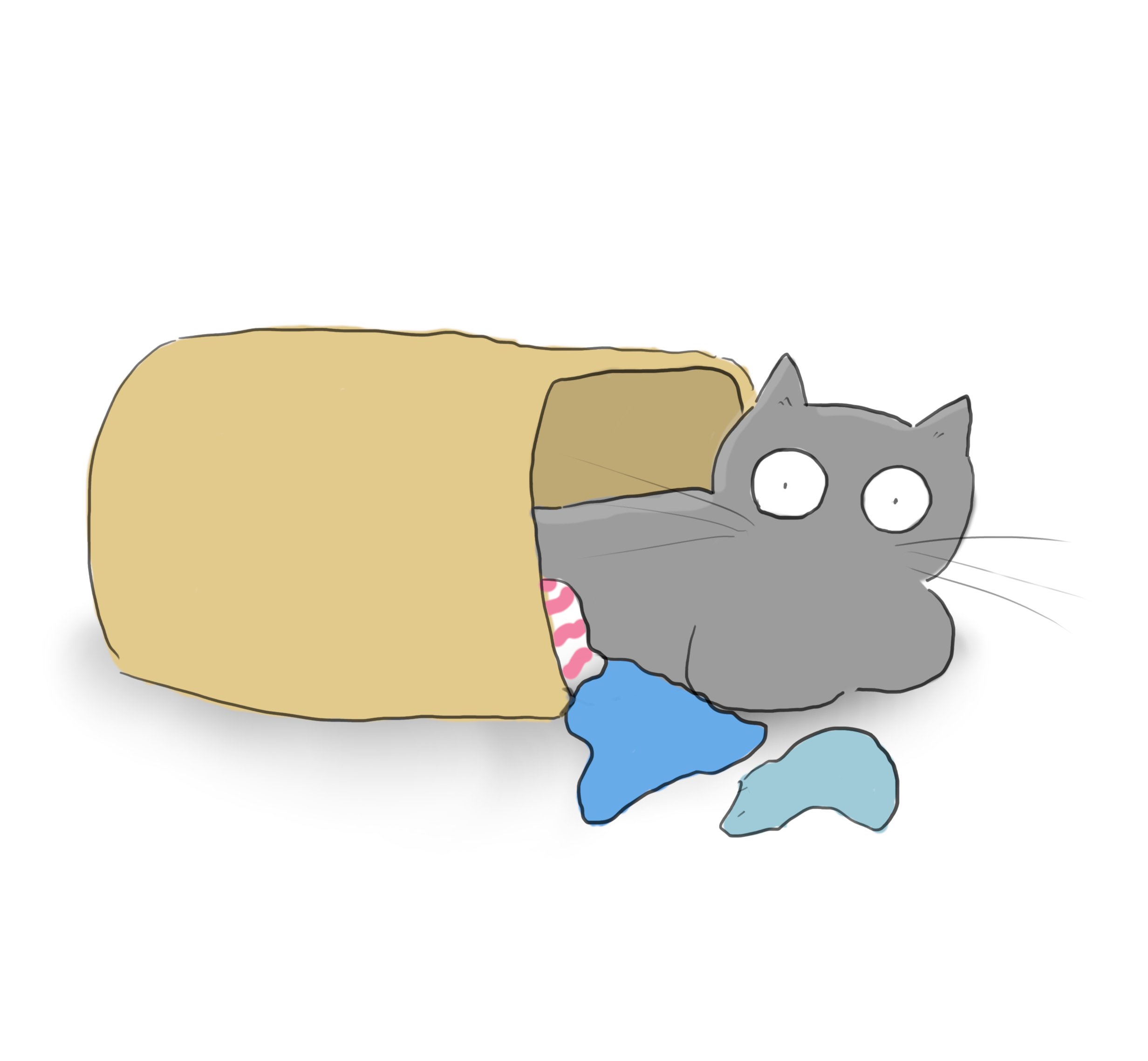 A cartoon of a light grey cat sleeping in a laundry basket that is now lying on its side.